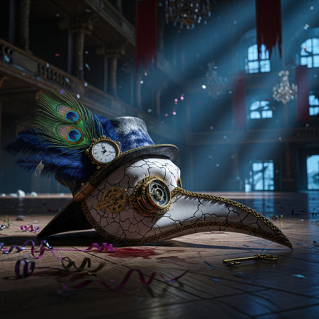 Beautiful carnival mask with peacock feather on the floor.の素材