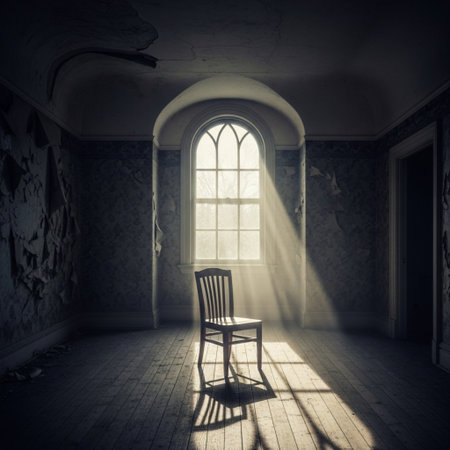 Abandoned room with a chair in front of a window.の素材