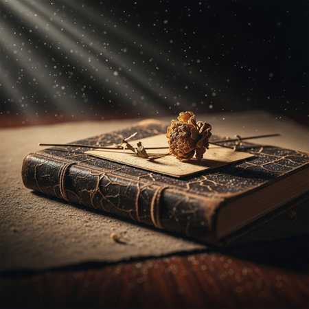 Old book and pine cones on a wooden table with rays of lightの素材