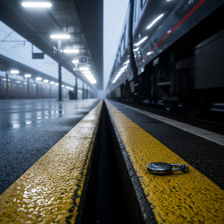 passenger train on the platform of a station in motion blur.の素材