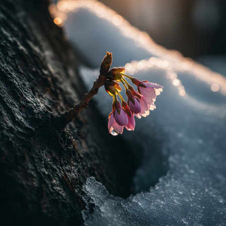 Cherry blossoms in the snow in the early spring. Shallow depth of fieldの素材