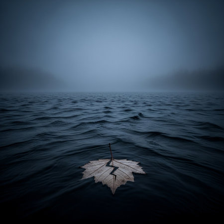 Dramatic foggy morning on the lake with wooden umbrella.の素材