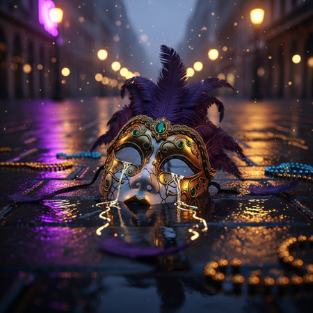Traditional Venetian carnival mask with feathers and beads on the streetの素材