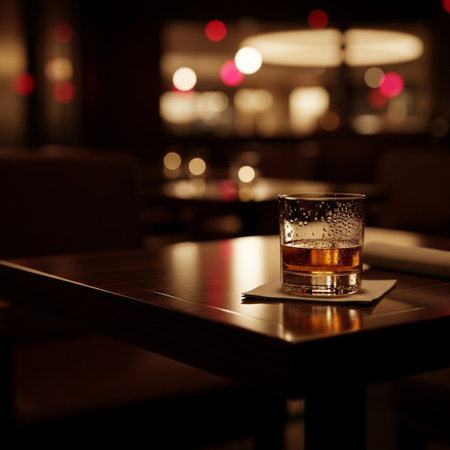 Glass of whiskey on a table in a pub or restaurant, shallow depth of fieldの素材