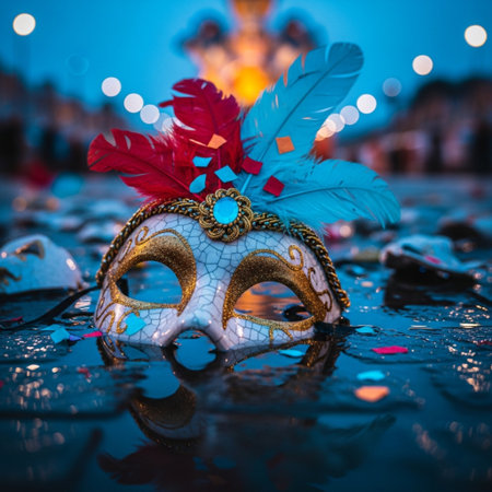 Masks with feathers on the background of the carnival in Veniceの素材