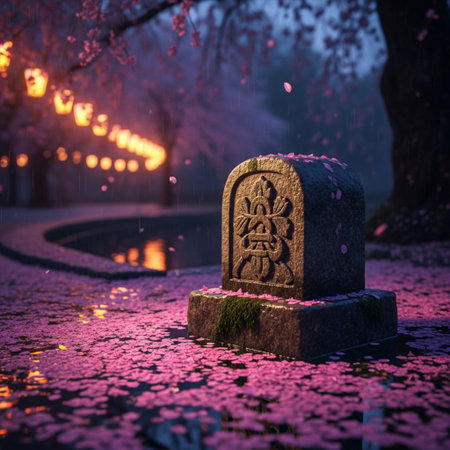 Stone tombstone in the cemetery with cherry blossom in the nightの素材