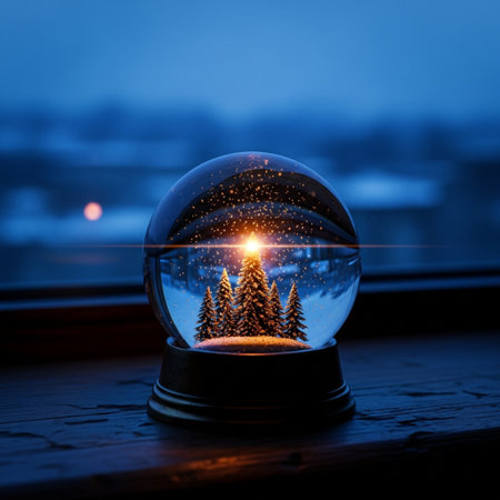 Snow globe with christmas tree on window sill at night. Christmas and New Year conceptの素材