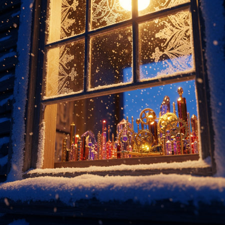 Beautiful Christmas decorations on the window of a wooden house in winterの素材