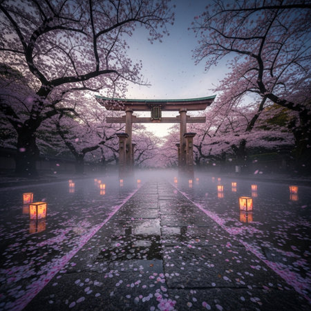 Beautiful japanese temple with cherry blossom in the fogの素材