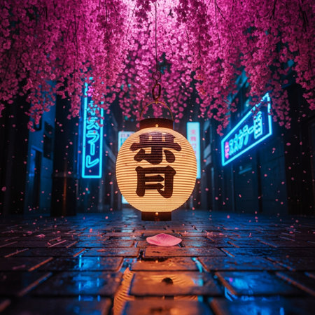 Traditional Chinese lanterns and blooming cherry tree in the city at night.の素材