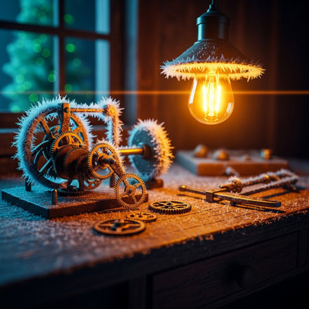 Gears and cogwheels on a wooden table with a light bulb in the background.の素材