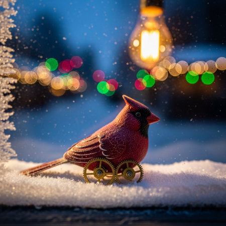 Red cardinal bird on snow in front of christmas lights background.の素材