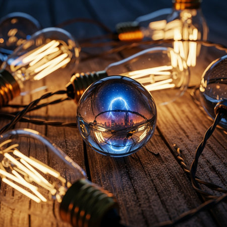 Glowing incandescent light bulbs on wooden background with copy spaceの素材