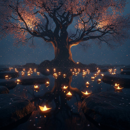 3D rendering of a tree with candles floating on the water.の素材