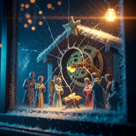 Christmas nativity scene in window. Nativity scene with manger and peopleの素材