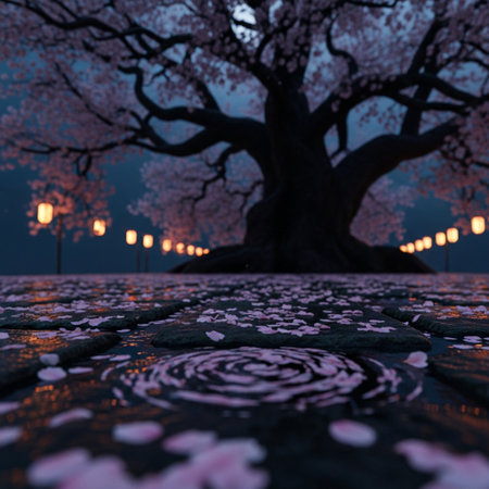 3D rendering of a cherry blossom tree in a park at nightの素材