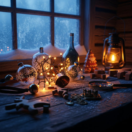 Vintage still life with Christmas decorations on a wooden background. Selective focus.の素材