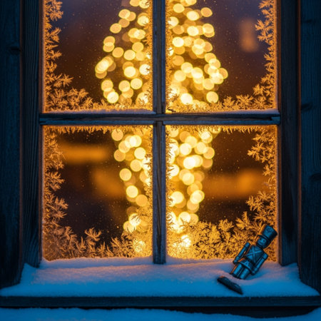 Christmas tree in the window of an old wooden house at night.の素材