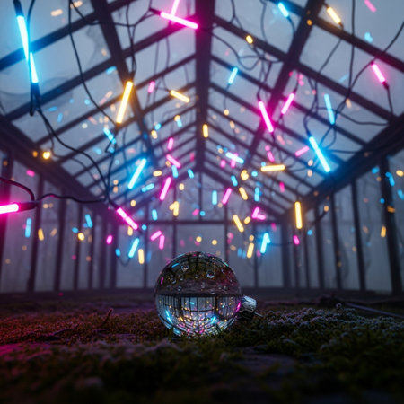 Crystal ball in a greenhouse with Christmas lights. Christmas and New Year concept.の素材