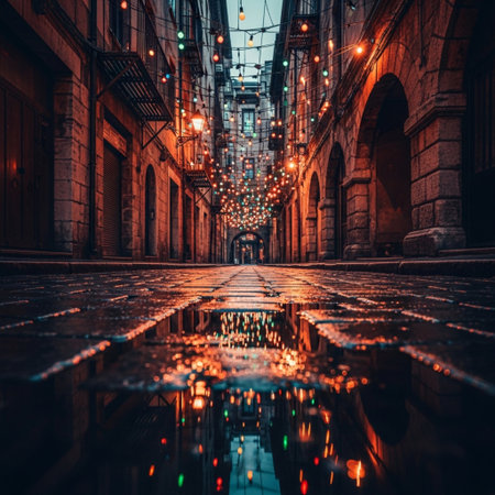 Night view of a narrow street in Old Town, Prague, Czech Republicの素材
