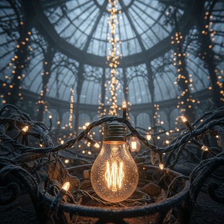 Vintage light bulb glowing inside of a greenhouse. 3D Renderingの素材