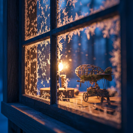 Christmas decoration on a wooden window at night. Christmas background. Selective focus.の素材