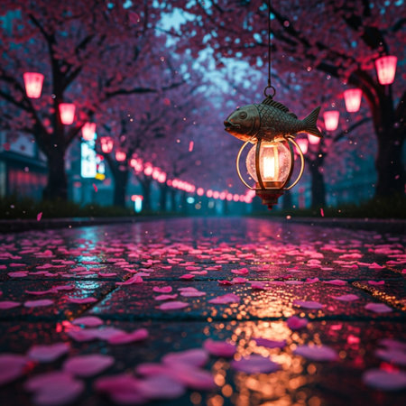Cherry blossoms and lantern at night in Hanoi, Vietnamの素材