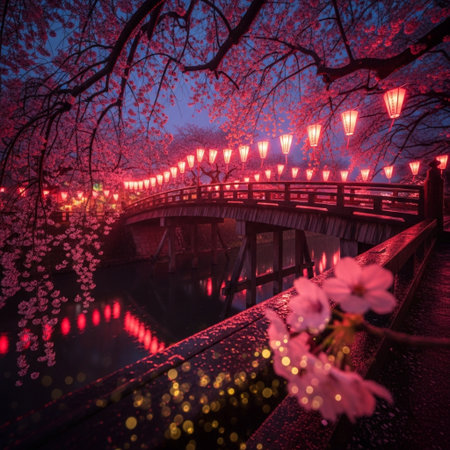 Cherry blossoms and wooden bridge at night in Chiang Mai, Thailandの素材