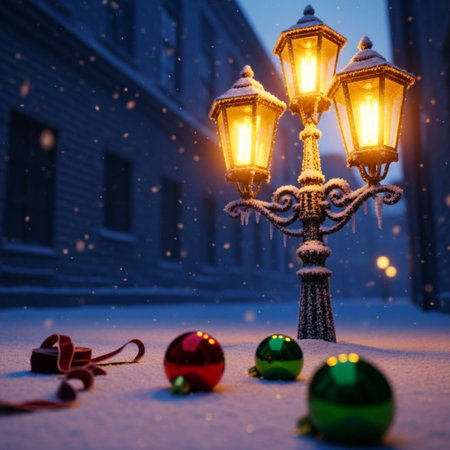 Christmas street lamp in snow. Christmas background. New Year concept.の素材