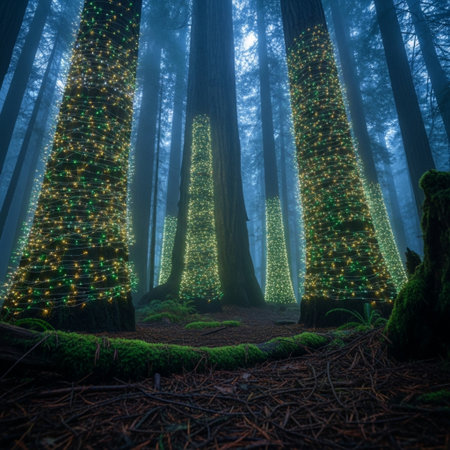 Foggy forest with Christmas trees and glowing lights in the darkの素材