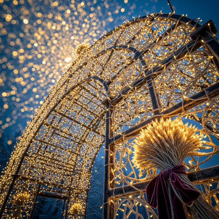 Christmas decoration in the form of a wreath on the background of the winter landscapeの素材