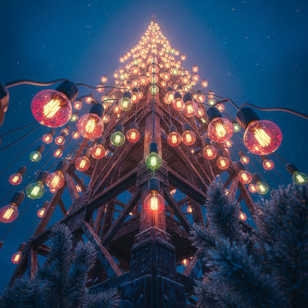Christmas tree with colorful lights at night in Moscow, Russia. Toned.の素材