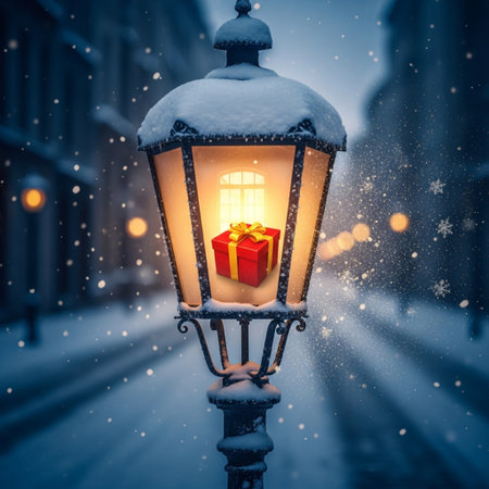 Snowy street lamp with gift box on it. Christmas background.の素材