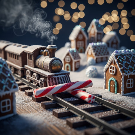 Christmas and New Year holidays background. Toy train with gingerbread houses and candy canes in the snow.の素材