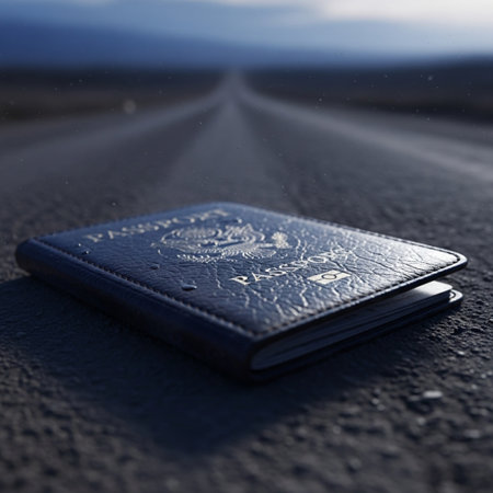 passport on the road in the middle of the desert. concept of travelの素材