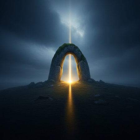 Mystical stone arch in the night sky. 3D renderingの素材