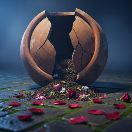 Broken clay vase with rose petals on the ground.の素材