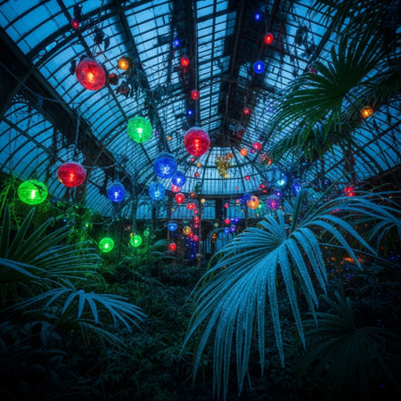 Greenhouse with colorful lights and trees in the botanical garden.の素材