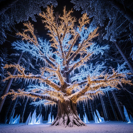 Frozen tree in the forest at night. Beautiful winter landscape.の素材