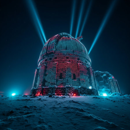 Astronomical observatory in the snow at night. 3D renderingの素材