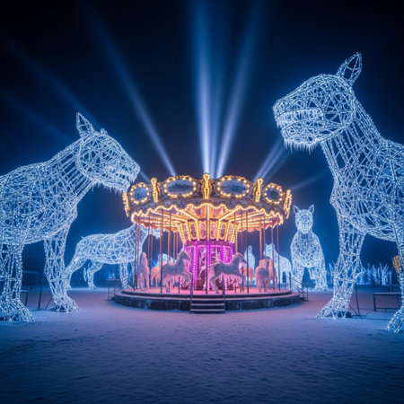 Merry-go-round with horses at night in winter.の素材