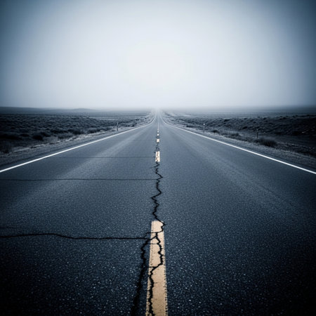 Road in the middle of the desert with a crack in the groundの素材