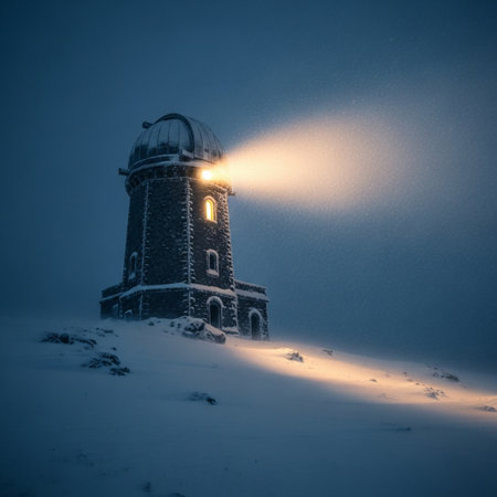 Fantastic winter landscape with a lighthouse in the fog. Dramatic image.の素材