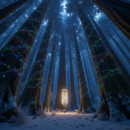 Mysterious winter forest with lantern and Christmas lights in the fogの素材