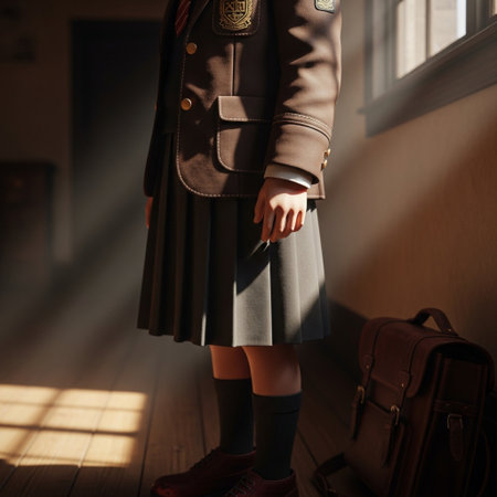 Girl in a school uniform with a backpack and a pistol in her handの素材