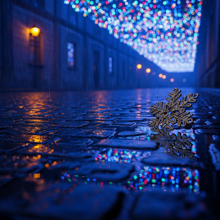 Snowflake on a cobblestone street in the city at nightの素材