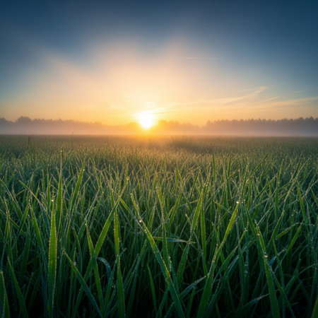 Sunrise over a field with dew drops on the grass.の素材