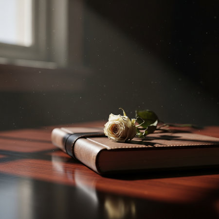 Diary and a rose on a wooden table in the sunlight.の素材