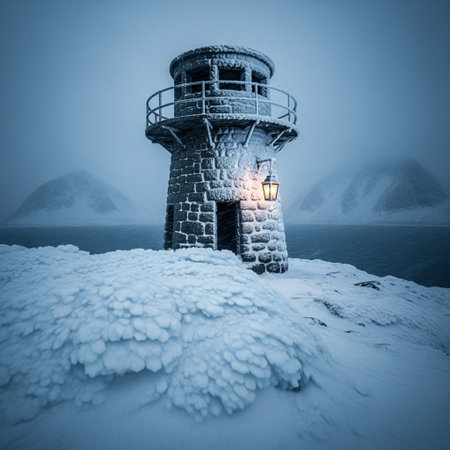 Lighthouse in the winter on a foggy day. 3d renderingの素材