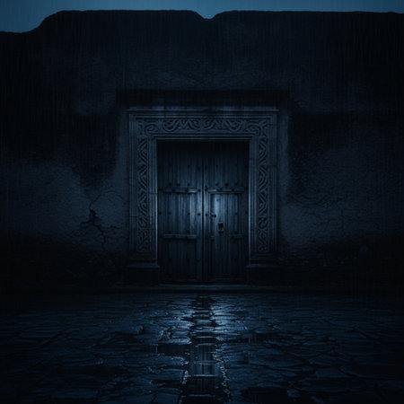 3d rendering of an old door in a dark room with stone floorの素材
